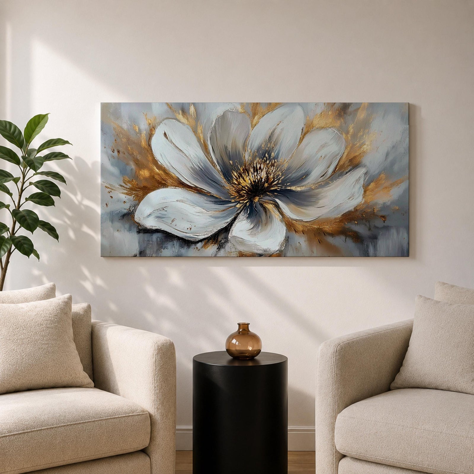 A panoramic abstract painting of a large white flower in full bloom, featuring layered petals with soft gray shading and a detailed textured center, accented by expressive gold brushstrokes that radiate outward, creating depth and contrast across a modern extra wide floral composition.