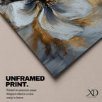 A panoramic abstract painting of a large white flower in full bloom, featuring layered petals with soft gray shading and a detailed textured center, accented by expressive gold brushstrokes that radiate outward, creating depth and contrast across a modern extra wide floral composition.