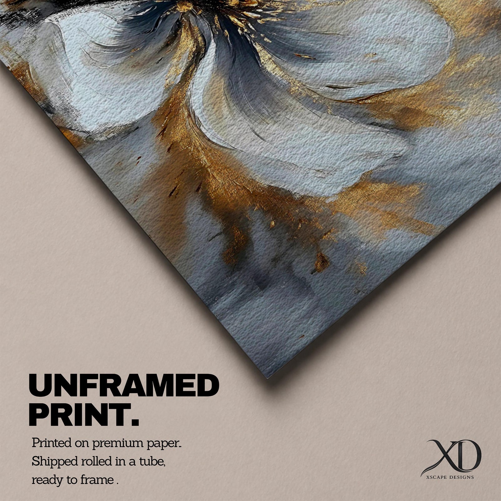 A panoramic abstract painting of a large white flower in full bloom, featuring layered petals with soft gray shading and a detailed textured center, accented by expressive gold brushstrokes that radiate outward, creating depth and contrast across a modern extra wide floral composition.