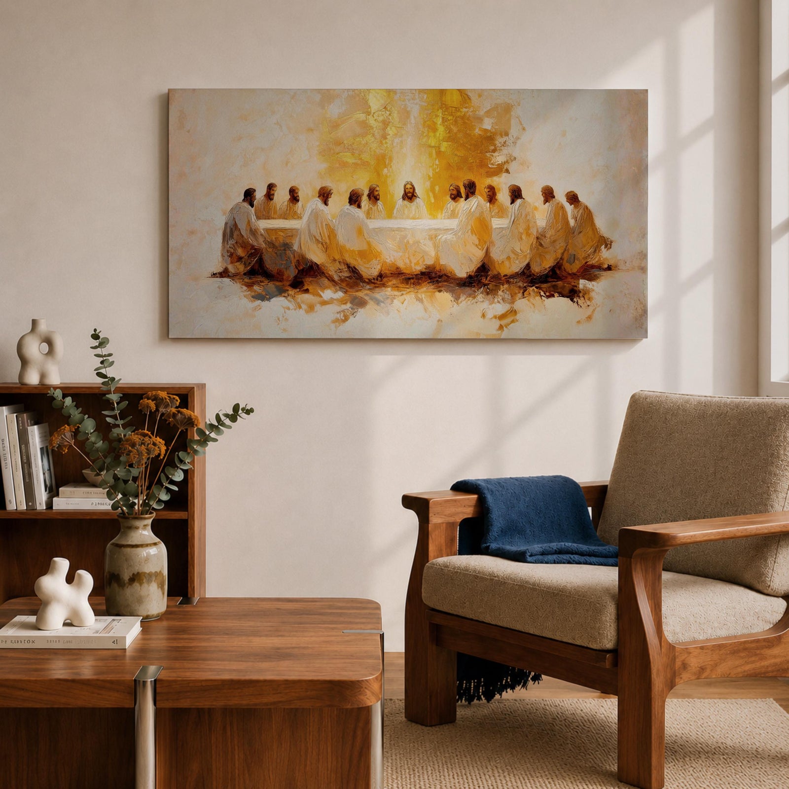 A panoramic painting of the Last Supper depicting Jesus seated at the center with his disciples gathered around a long table, rendered in a warm abstract style with soft golden tones, expressive brushwork, and a glowing central light that creates depth and focus across the wide composition.