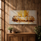 A panoramic painting of the Last Supper depicting Jesus seated at the center with his disciples gathered around a long table, rendered in a warm abstract style with soft golden tones, expressive brushwork, and a glowing central light that creates depth and focus across the wide composition.