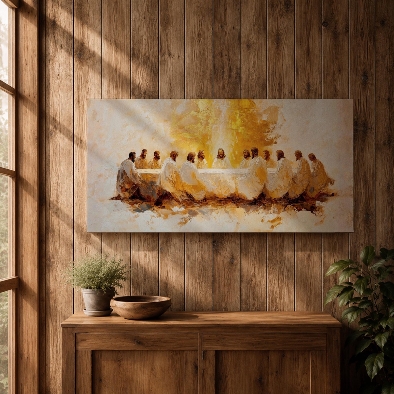 A panoramic painting of the Last Supper depicting Jesus seated at the center with his disciples gathered around a long table, rendered in a warm abstract style with soft golden tones, expressive brushwork, and a glowing central light that creates depth and focus across the wide composition.