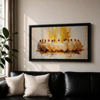 A panoramic painting of the Last Supper depicting Jesus seated at the center with his disciples gathered around a long table, rendered in a warm abstract style with soft golden tones, expressive brushwork, and a glowing central light that creates depth and focus across the wide composition.