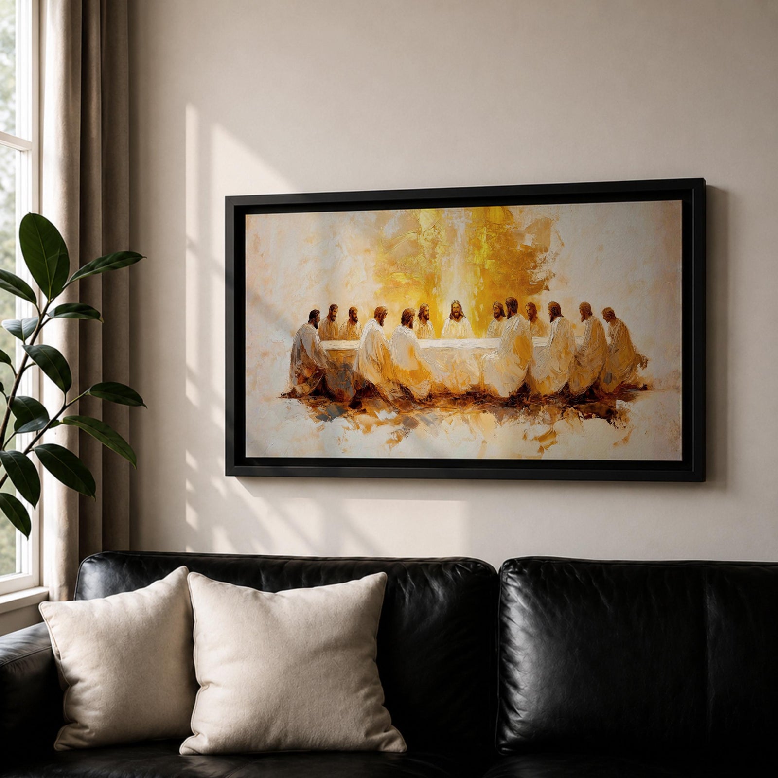 A panoramic painting of the Last Supper depicting Jesus seated at the center with his disciples gathered around a long table, rendered in a warm abstract style with soft golden tones, expressive brushwork, and a glowing central light that creates depth and focus across the wide composition.