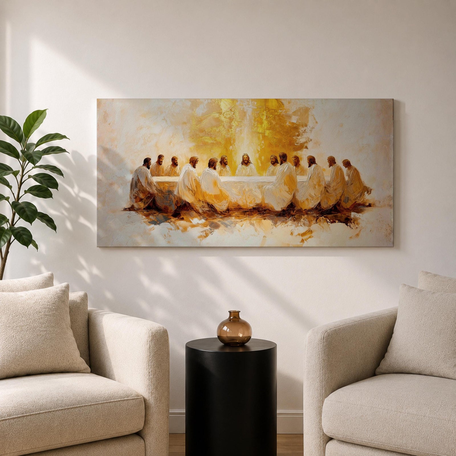 A panoramic painting of the Last Supper depicting Jesus seated at the center with his disciples gathered around a long table, rendered in a warm abstract style with soft golden tones, expressive brushwork, and a glowing central light that creates depth and focus across the wide composition.