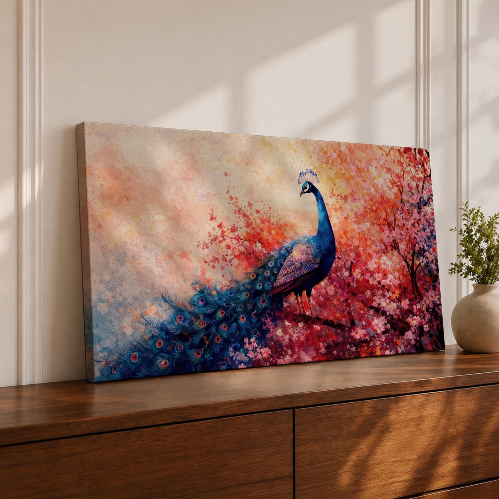 A panoramic painting of a majestic peacock standing gracefully amid a cascade of pink blossoms, its long iridescent tail feathers flowing across the composition with intricate eye patterns, rendered in a soft impressionistic style that blends vivid detail with dreamy, layered brushwork and a gentle atmospheric background.