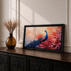 A panoramic painting of a majestic peacock standing gracefully amid a cascade of pink blossoms, its long iridescent tail feathers flowing across the composition with intricate eye patterns, rendered in a soft impressionistic style that blends vivid detail with dreamy, layered brushwork and a gentle atmospheric background.