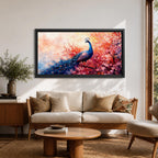 A panoramic painting of a majestic peacock standing gracefully amid a cascade of pink blossoms, its long iridescent tail feathers flowing across the composition with intricate eye patterns, rendered in a soft impressionistic style that blends vivid detail with dreamy, layered brushwork and a gentle atmospheric background.