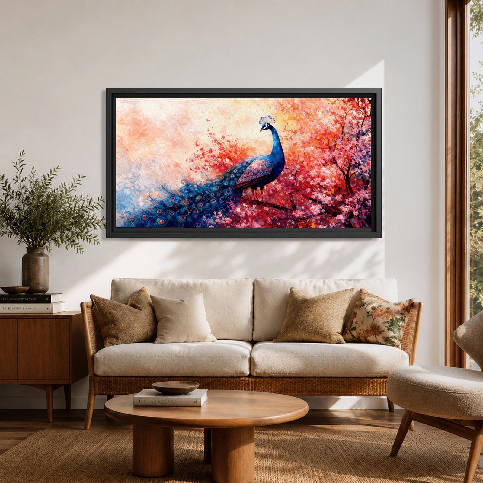 A panoramic painting of a majestic peacock standing gracefully amid a cascade of pink blossoms, its long iridescent tail feathers flowing across the composition with intricate eye patterns, rendered in a soft impressionistic style that blends vivid detail with dreamy, layered brushwork and a gentle atmospheric background.