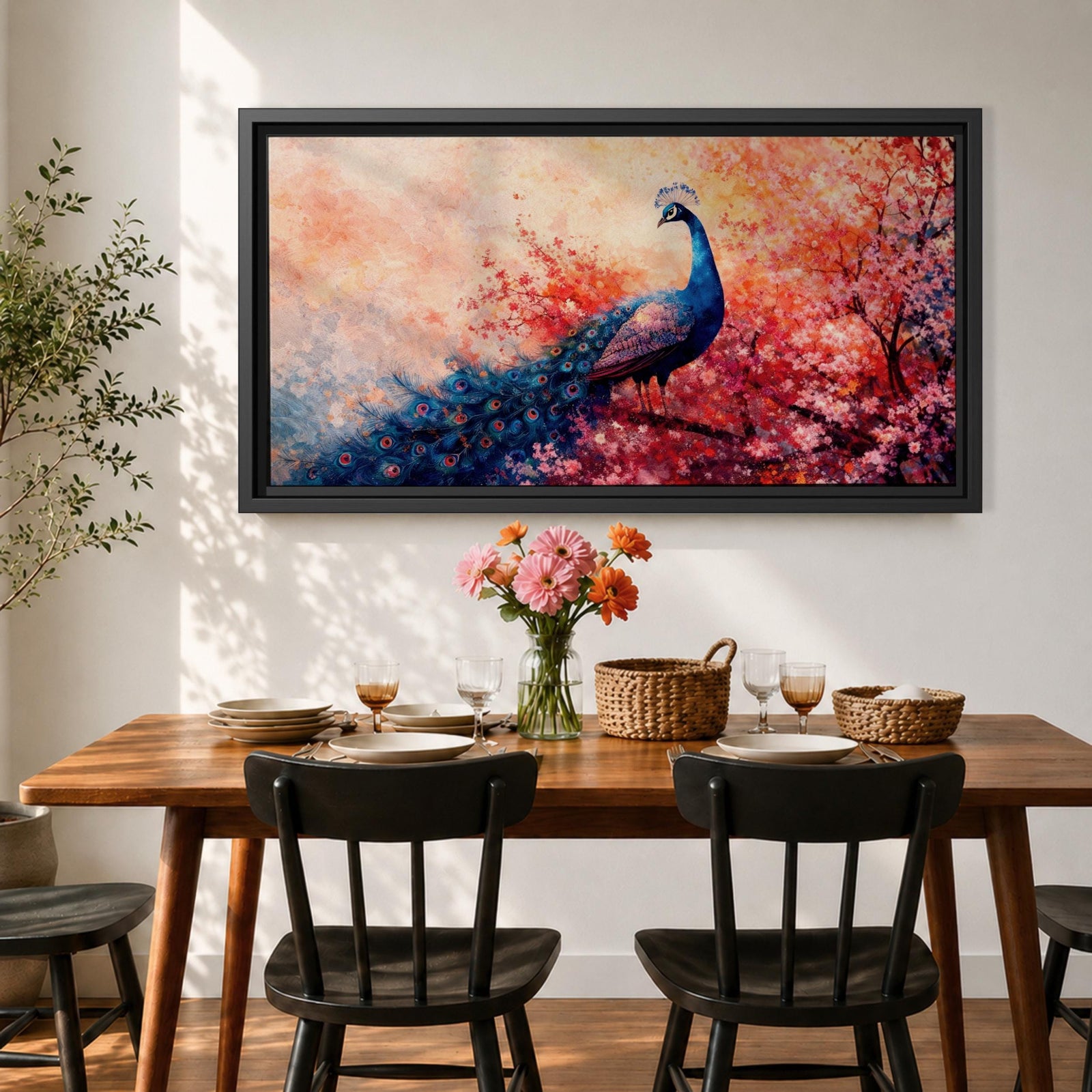 A panoramic painting of a majestic peacock standing gracefully amid a cascade of pink blossoms, its long iridescent tail feathers flowing across the composition with intricate eye patterns, rendered in a soft impressionistic style that blends vivid detail with dreamy, layered brushwork and a gentle atmospheric background.