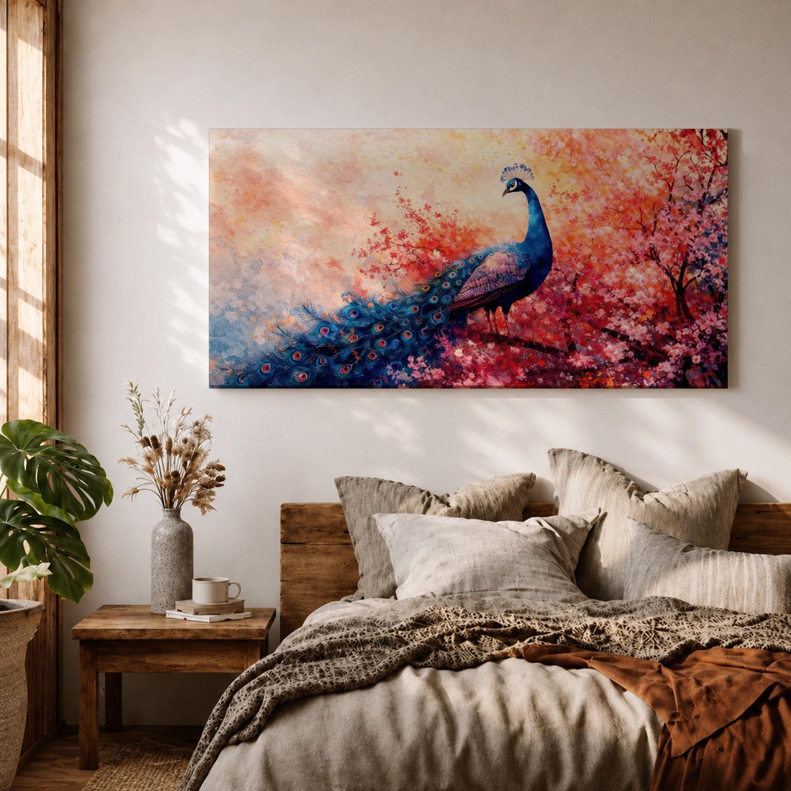 A panoramic painting of a majestic peacock standing gracefully amid a cascade of pink blossoms, its long iridescent tail feathers flowing across the composition with intricate eye patterns, rendered in a soft impressionistic style that blends vivid detail with dreamy, layered brushwork and a gentle atmospheric background.