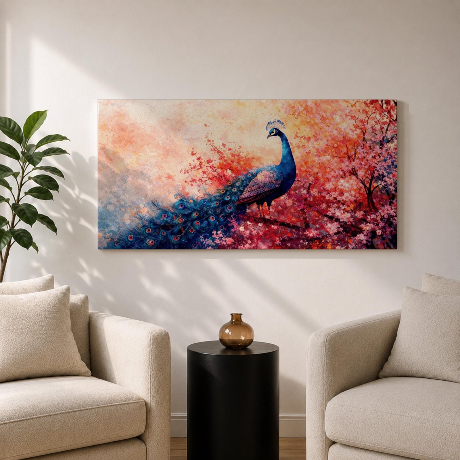 A panoramic painting of a majestic peacock standing gracefully amid a cascade of pink blossoms, its long iridescent tail feathers flowing across the composition with intricate eye patterns, rendered in a soft impressionistic style that blends vivid detail with dreamy, layered brushwork and a gentle atmospheric background.