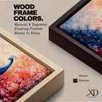 A panoramic painting of a majestic peacock standing gracefully amid a cascade of pink blossoms, its long iridescent tail feathers flowing across the composition with intricate eye patterns, rendered in a soft impressionistic style that blends vivid detail with dreamy, layered brushwork and a gentle atmospheric background.
