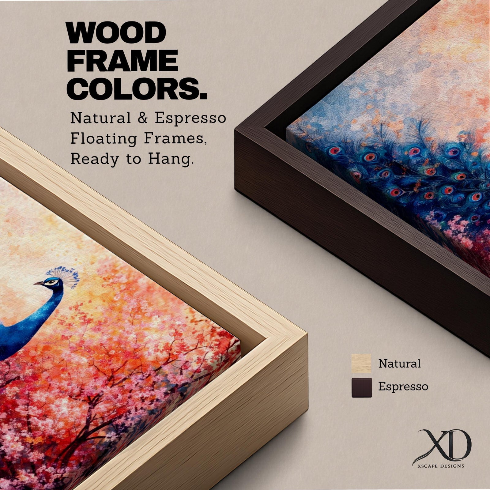 A panoramic painting of a majestic peacock standing gracefully amid a cascade of pink blossoms, its long iridescent tail feathers flowing across the composition with intricate eye patterns, rendered in a soft impressionistic style that blends vivid detail with dreamy, layered brushwork and a gentle atmospheric background.