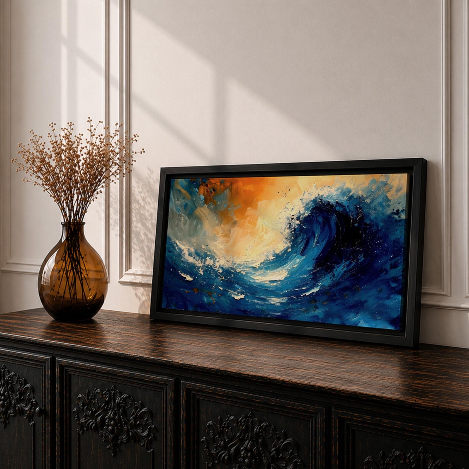 A panoramic abstract painting of a powerful ocean wave curling upward in deep blue tones, with expressive sweeping brushstrokes capturing motion and energy, contrasted by warm golden light in the sky above, creating a dynamic composition with fluid movement, texture, and dramatic contrast.