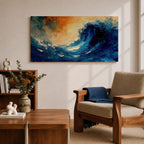 A panoramic abstract painting of a powerful ocean wave curling upward in deep blue tones, with expressive sweeping brushstrokes capturing motion and energy, contrasted by warm golden light in the sky above, creating a dynamic composition with fluid movement, texture, and dramatic contrast.