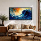 A panoramic abstract painting of a powerful ocean wave curling upward in deep blue tones, with expressive sweeping brushstrokes capturing motion and energy, contrasted by warm golden light in the sky above, creating a dynamic composition with fluid movement, texture, and dramatic contrast.