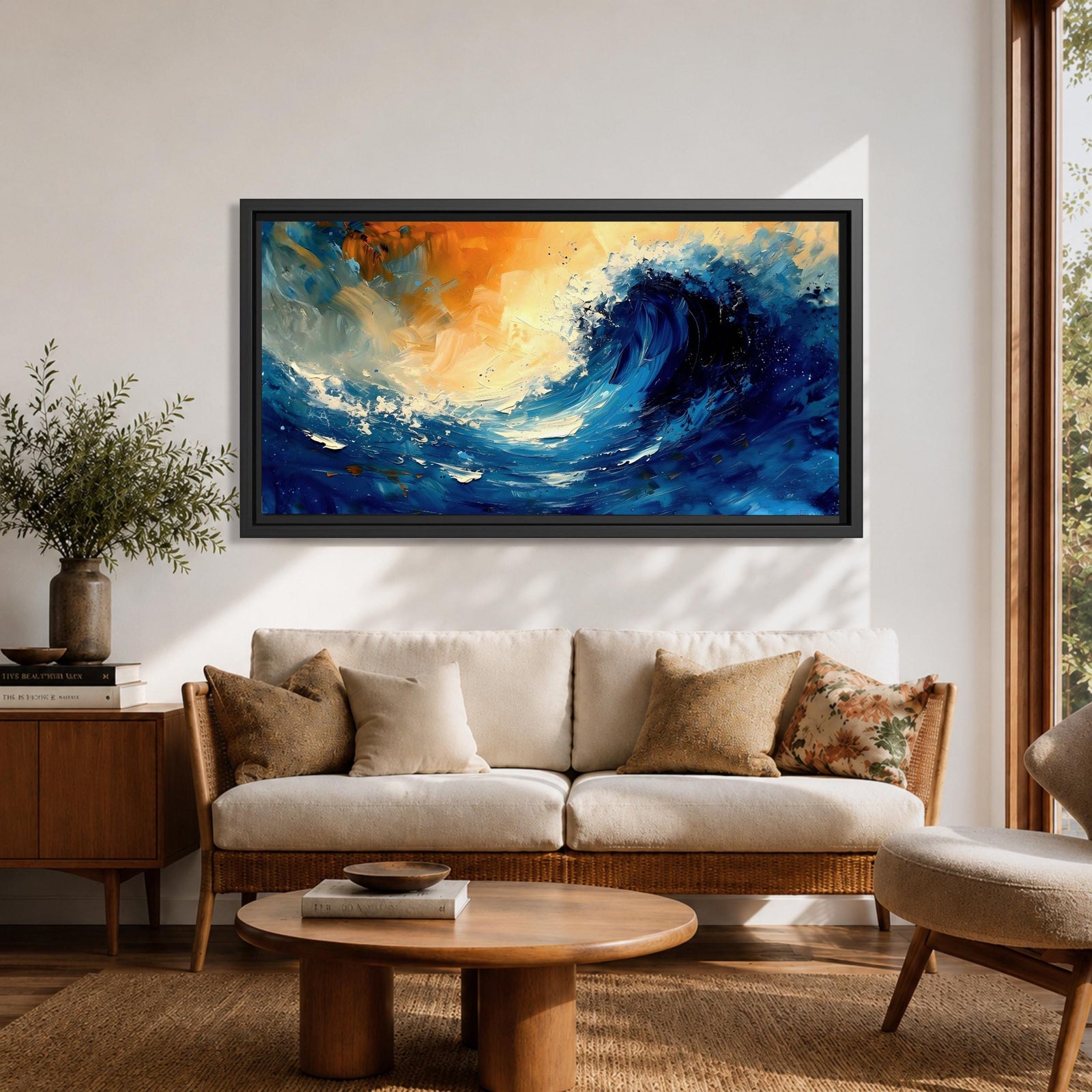 A panoramic abstract painting of a powerful ocean wave curling upward in deep blue tones, with expressive sweeping brushstrokes capturing motion and energy, contrasted by warm golden light in the sky above, creating a dynamic composition with fluid movement, texture, and dramatic contrast.