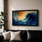 A panoramic abstract painting of a powerful ocean wave curling upward in deep blue tones, with expressive sweeping brushstrokes capturing motion and energy, contrasted by warm golden light in the sky above, creating a dynamic composition with fluid movement, texture, and dramatic contrast.