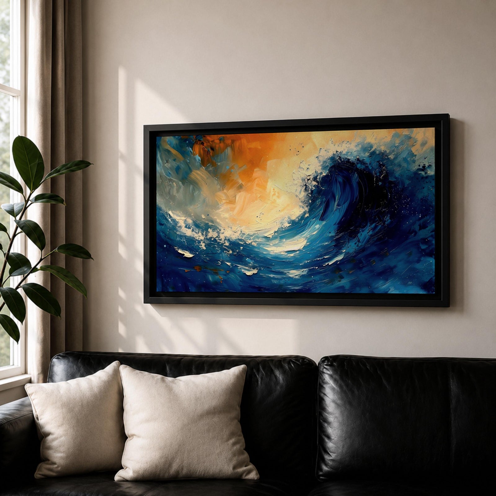 A panoramic abstract painting of a powerful ocean wave curling upward in deep blue tones, with expressive sweeping brushstrokes capturing motion and energy, contrasted by warm golden light in the sky above, creating a dynamic composition with fluid movement, texture, and dramatic contrast.