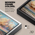 A panoramic impressionist seascape painting of ocean waves rolling onto shore beneath a vast sky filled with large dramatic clouds in soft peach, cream, and blue tones, with textured brushstrokes capturing light reflecting across the water and horizon, creating a serene yet dynamic coastal atmosphere.
