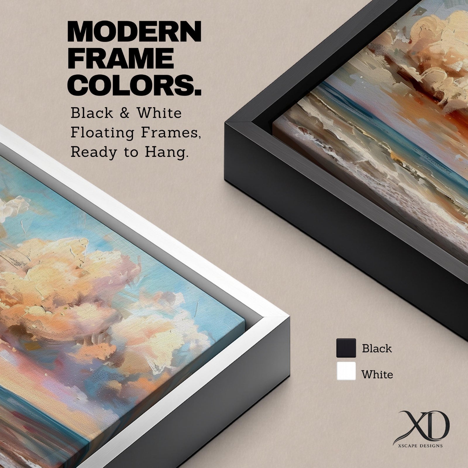 A panoramic impressionist seascape painting of ocean waves rolling onto shore beneath a vast sky filled with large dramatic clouds in soft peach, cream, and blue tones, with textured brushstrokes capturing light reflecting across the water and horizon, creating a serene yet dynamic coastal atmosphere.