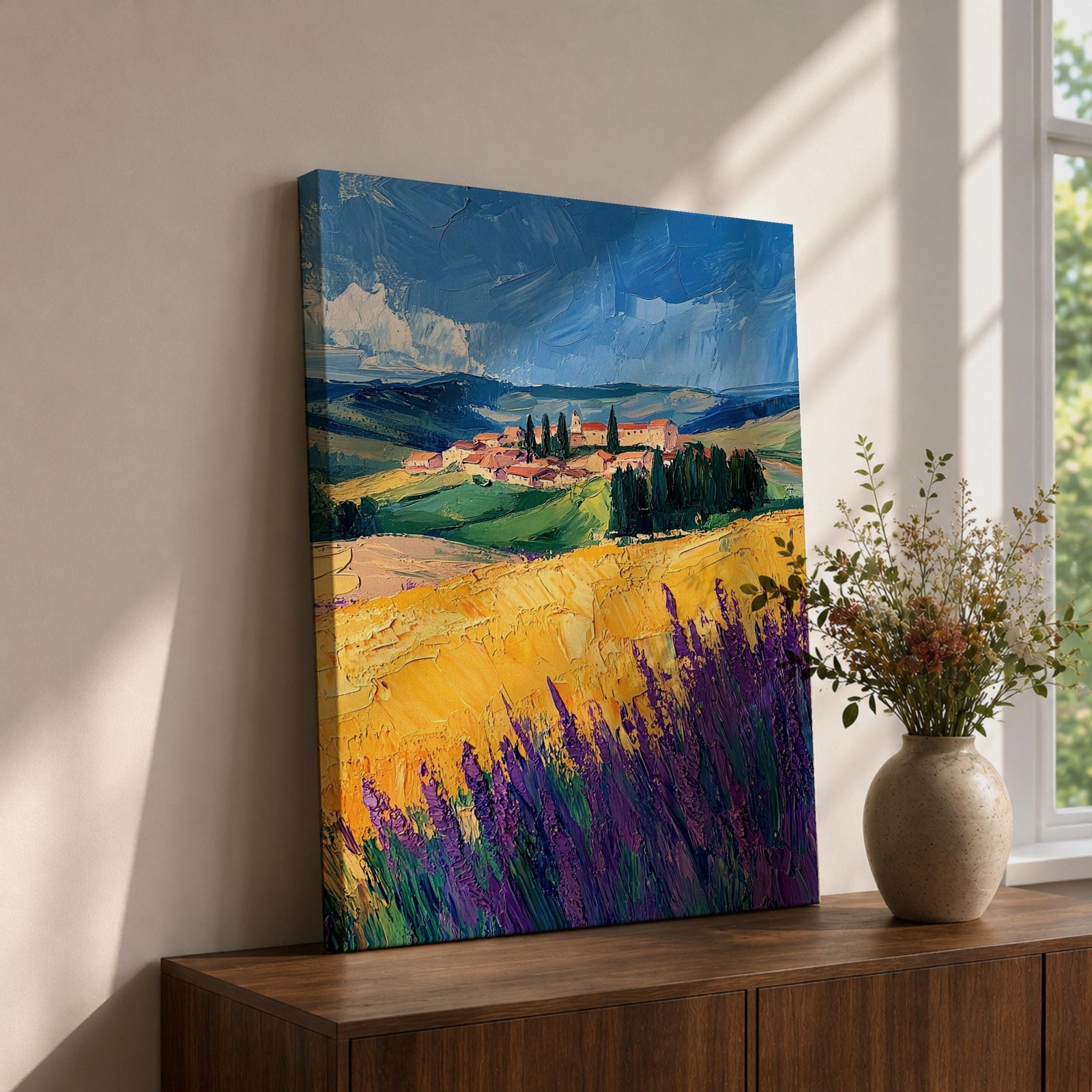 Tuscan Lavender Field Wall Art Italian Countryside Framed Canvas Tuscany Impasto Farmhouse Decor