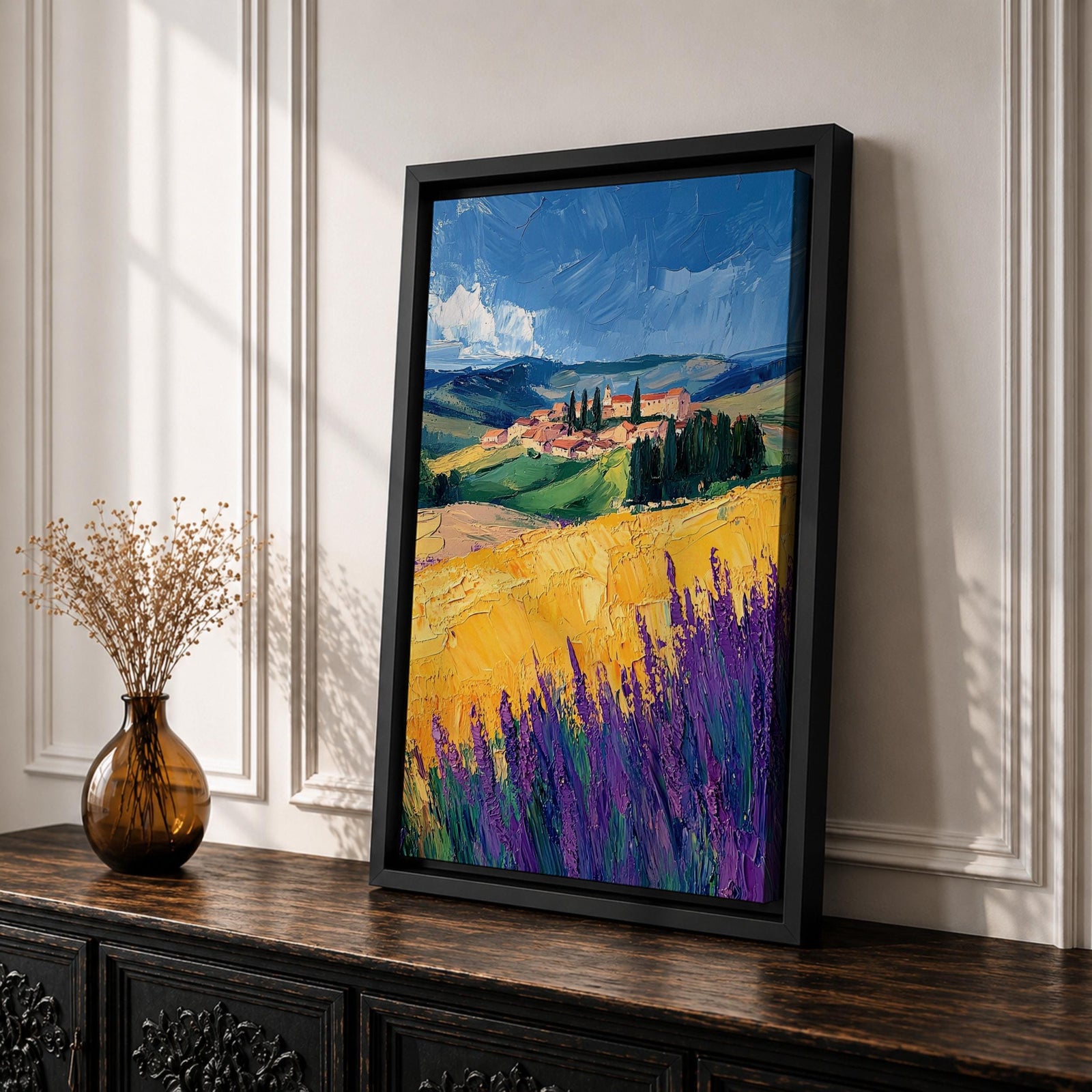 Tuscan Lavender Field Wall Art Italian Countryside Framed Canvas Tuscany Impasto Farmhouse Decor
