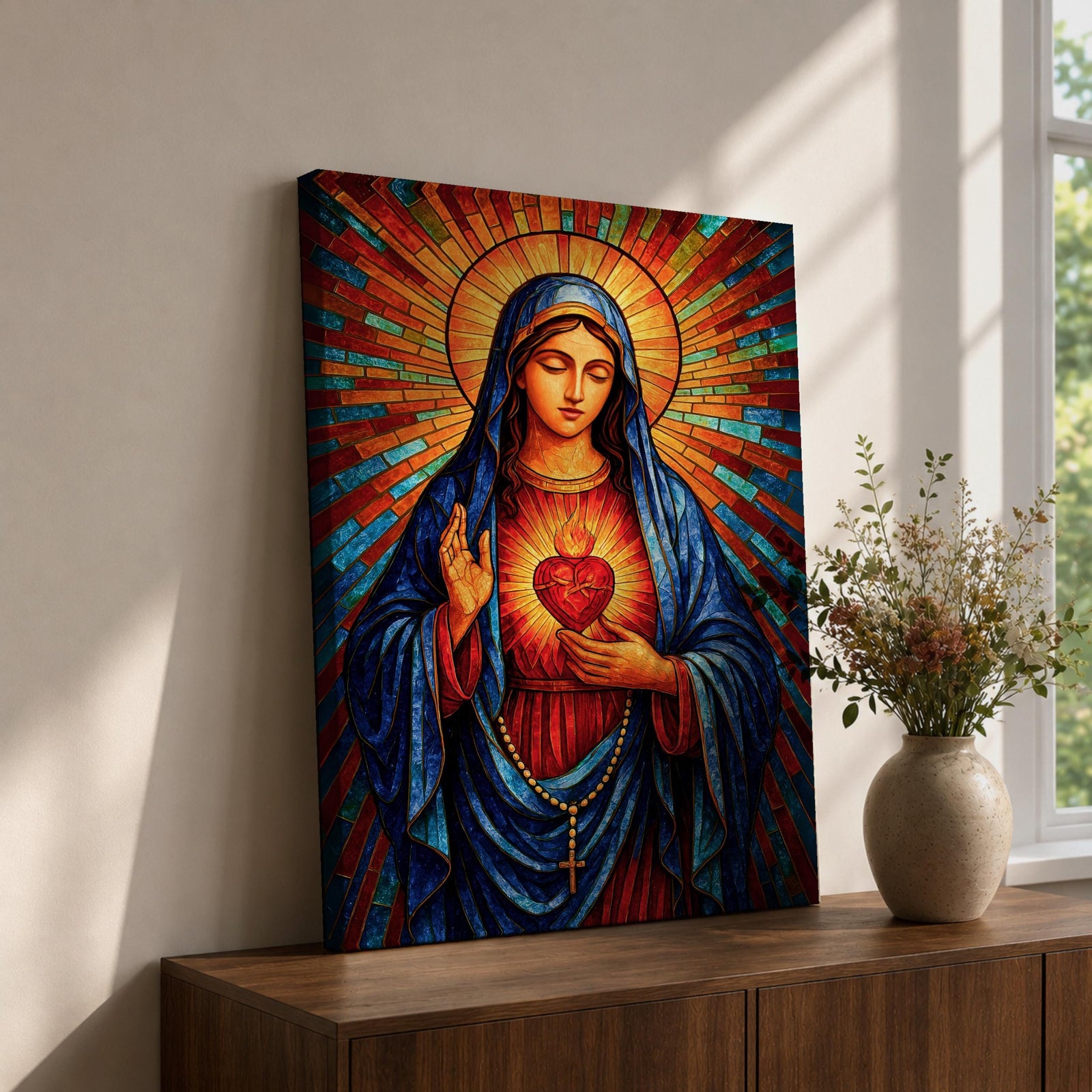 Sacred Virgin Mary Wall Art Immaculate Heart Framed Canvas Stained Glass Catholic Religious Decor