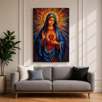 Sacred Virgin Mary Wall Art Immaculate Heart Framed Canvas Stained Glass Catholic Religious Decor