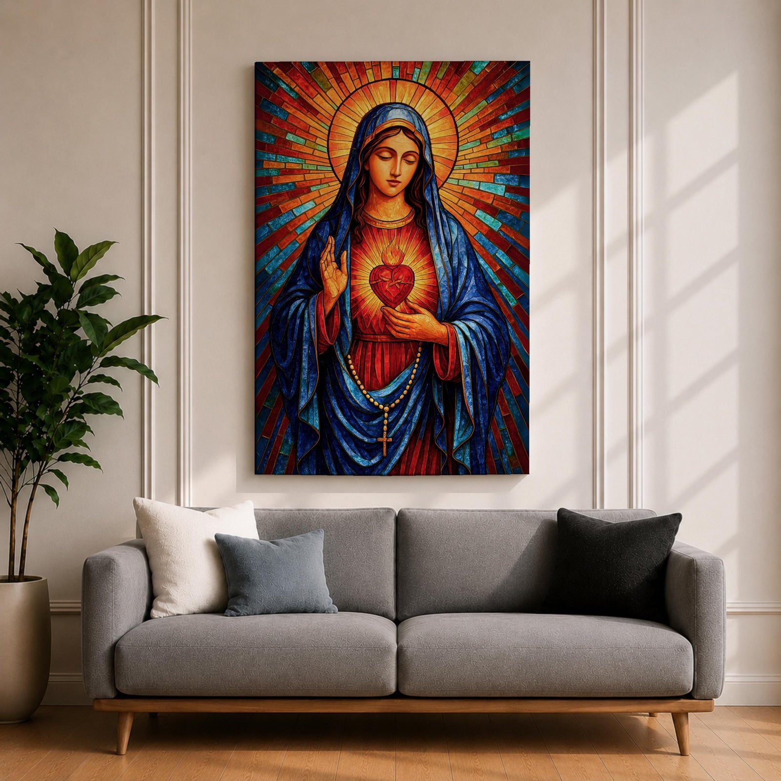 Sacred Virgin Mary Wall Art Immaculate Heart Framed Canvas Stained Glass Catholic Religious Decor