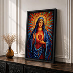 Sacred Virgin Mary Wall Art Immaculate Heart Framed Canvas Stained Glass Catholic Religious Decor