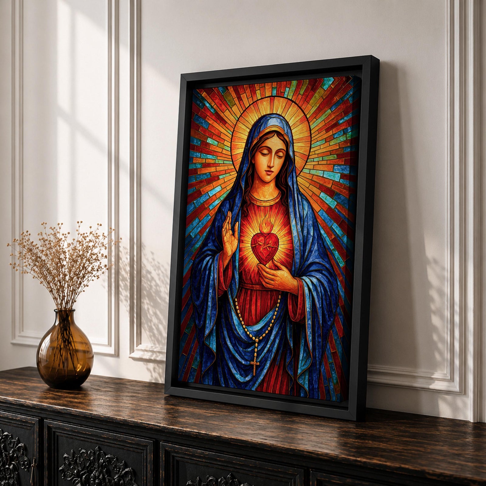 Sacred Virgin Mary Wall Art Immaculate Heart Framed Canvas Stained Glass Catholic Religious Decor