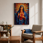 Sacred Virgin Mary Wall Art Immaculate Heart Framed Canvas Stained Glass Catholic Religious Decor