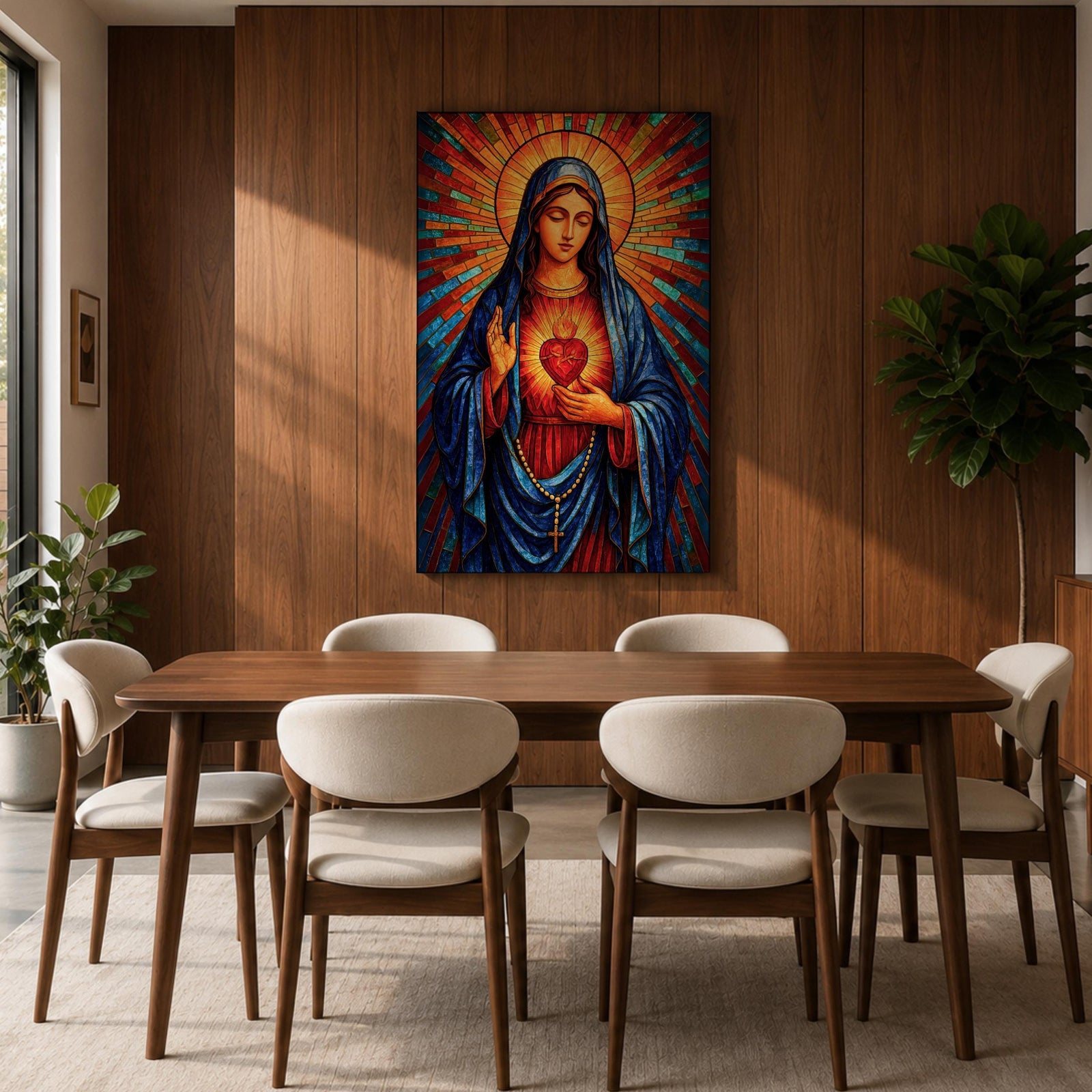 Sacred Virgin Mary Wall Art Immaculate Heart Framed Canvas Stained Glass Catholic Religious Decor