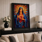 Sacred Virgin Mary Wall Art Immaculate Heart Framed Canvas Stained Glass Catholic Religious Decor