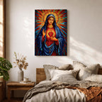 Sacred Virgin Mary Wall Art Immaculate Heart Framed Canvas Stained Glass Catholic Religious Decor