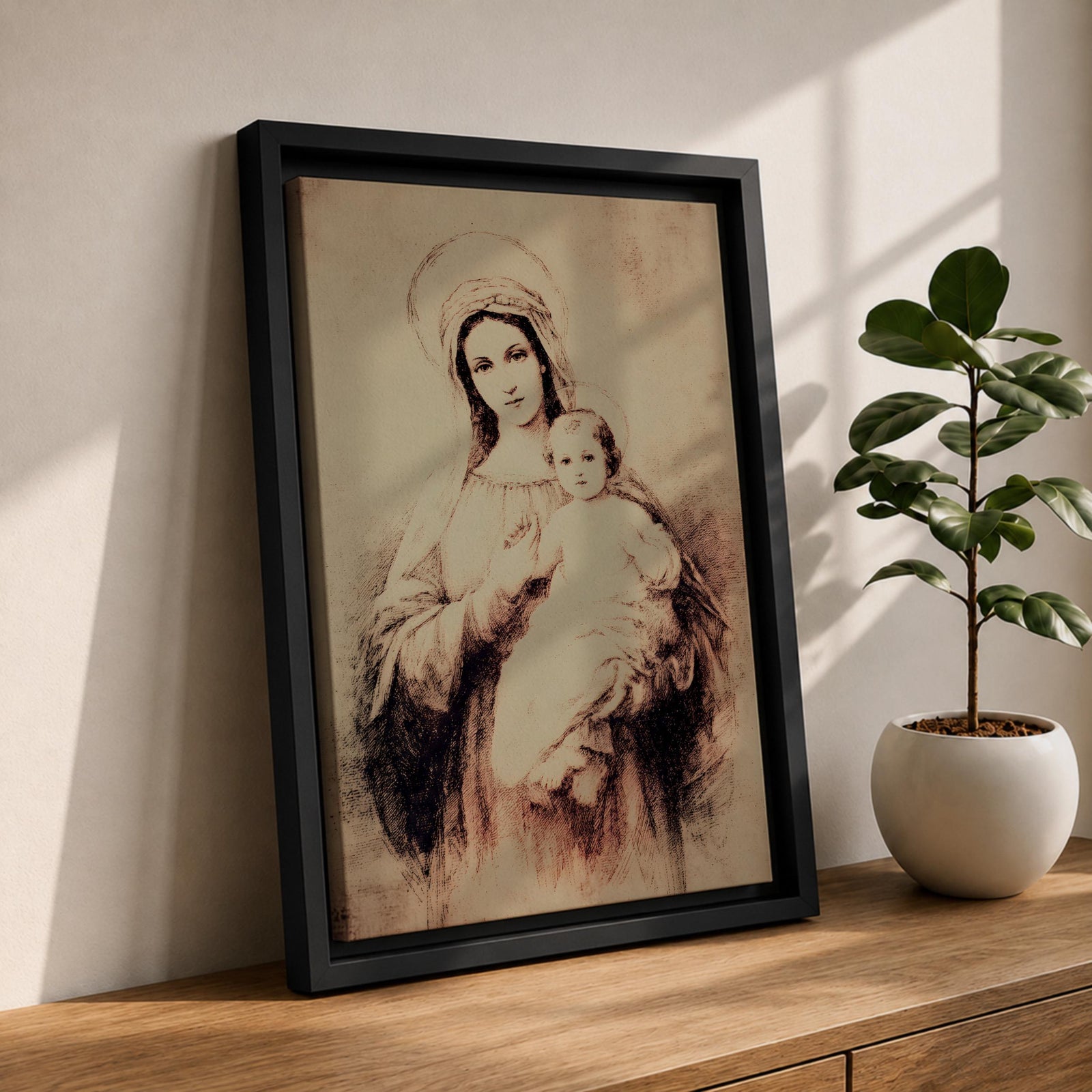 Madonna and Child Wall Art Blessed Mother Framed Canvas Catholic Sacred Vintage Home Decor