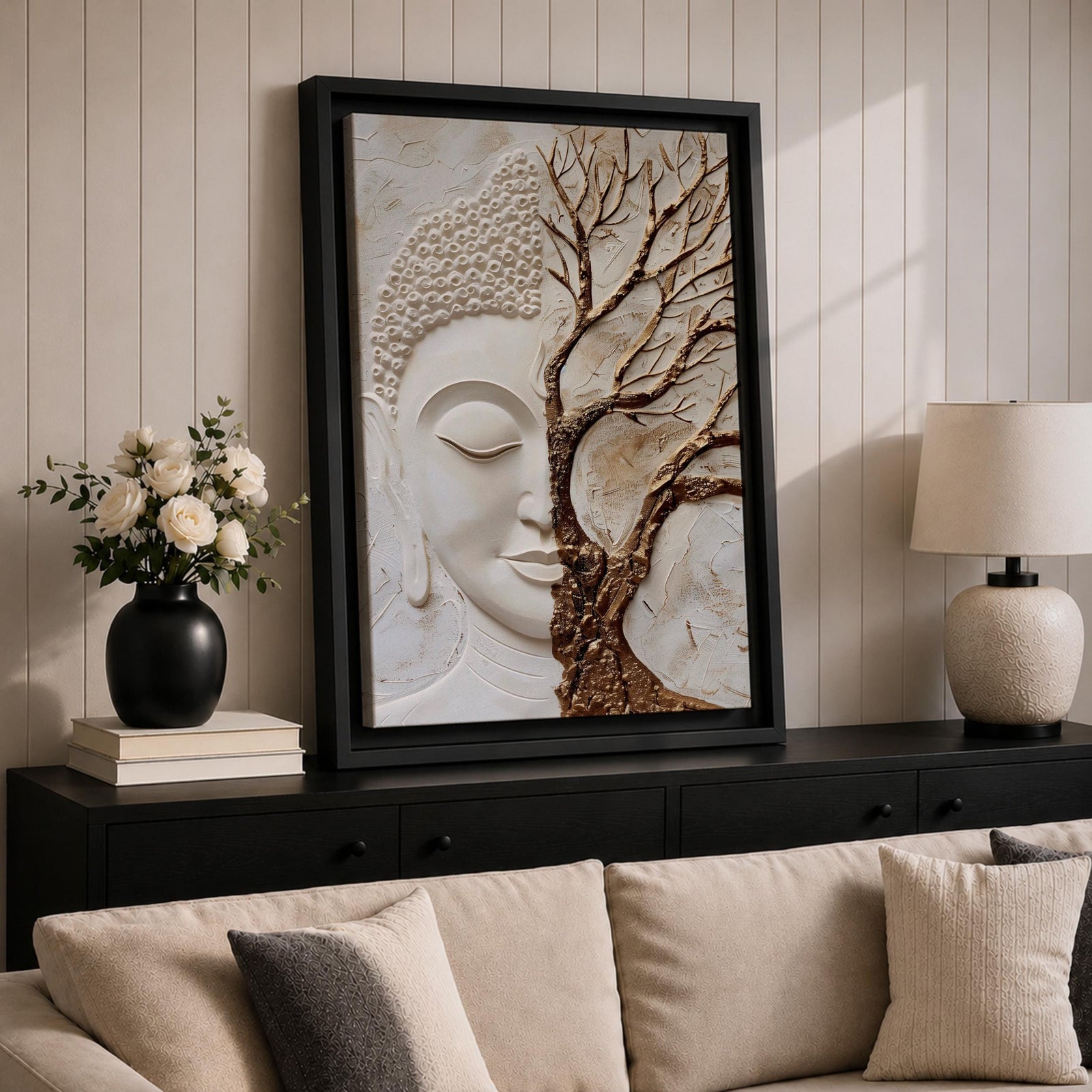 Buddha Wall Art Tree of Life Framed Canvas Textured Zen Spiritual Boho Home Decor