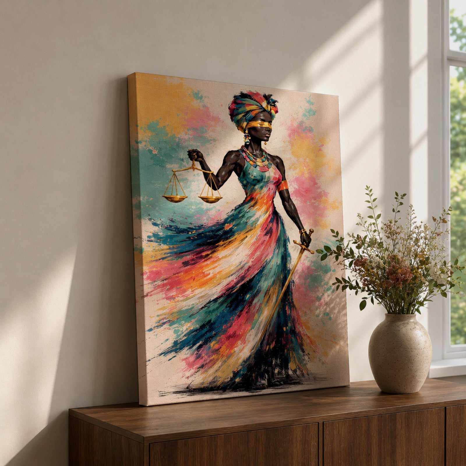 Black Lady Justice Wall Art Blindfolded Scales Afro Abstract Colorful Canvas Legal Office Decor