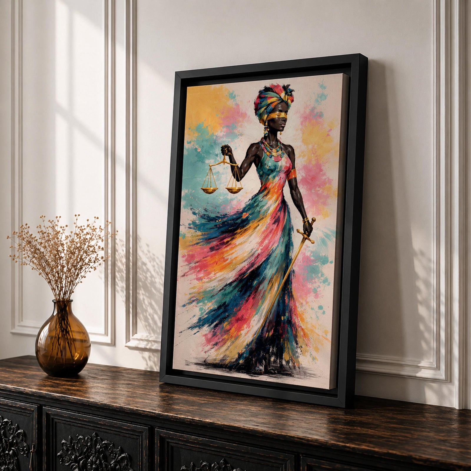 Black Lady Justice Wall Art Blindfolded Scales Afro Abstract Colorful Canvas Legal Office Decor