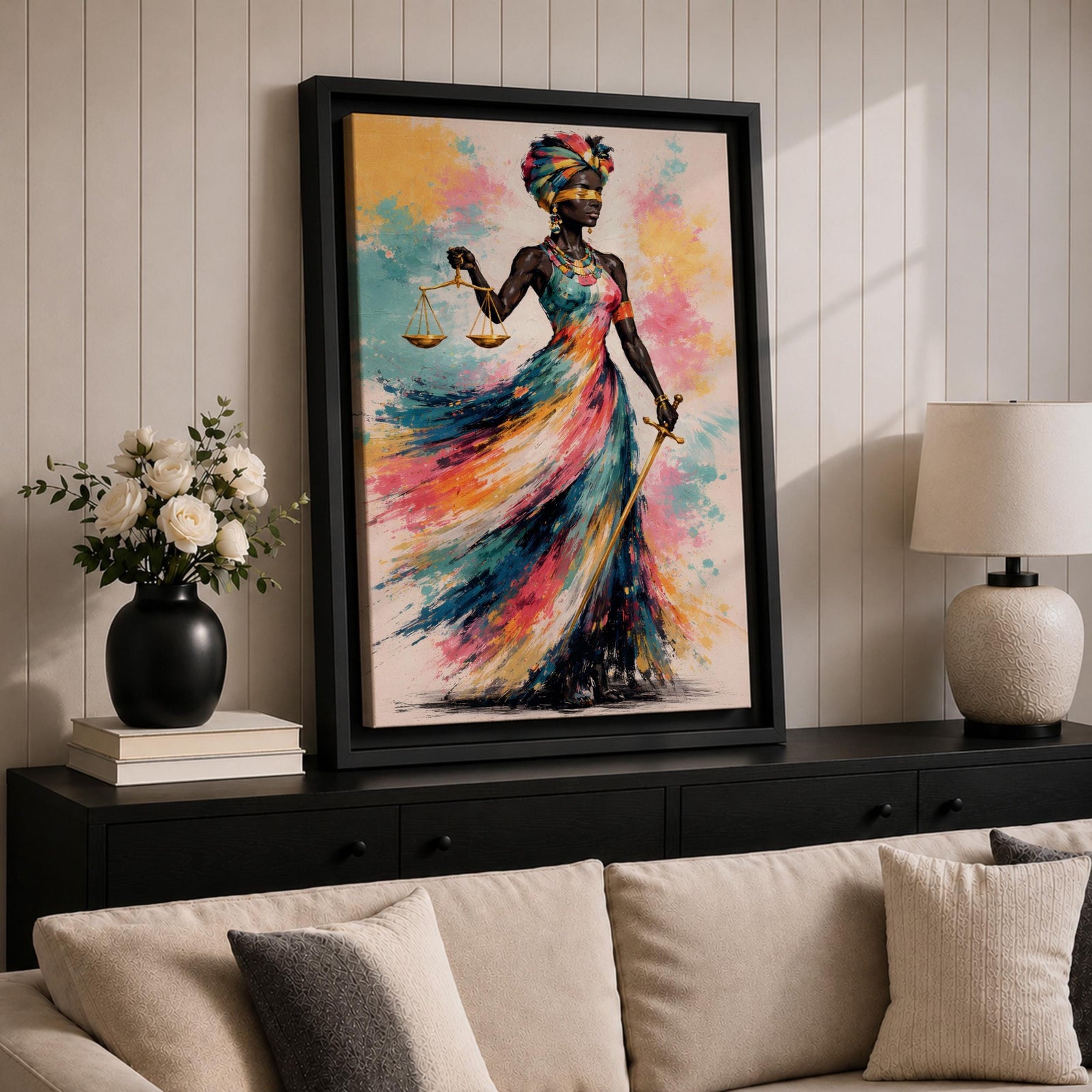 Black Lady Justice Wall Art Blindfolded Scales Afro Abstract Colorful Canvas Legal Office Decor
