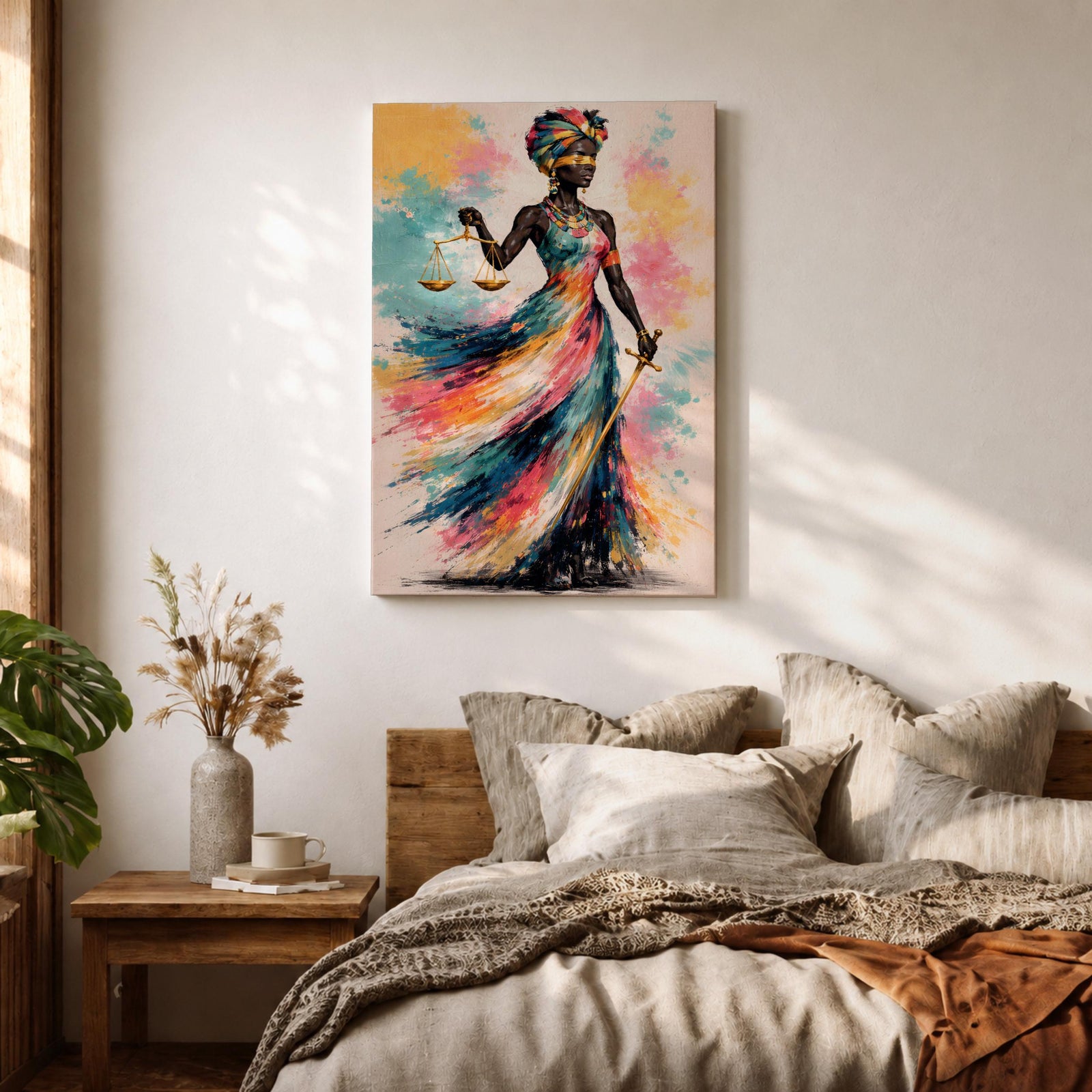 Black Lady Justice Wall Art Blindfolded Scales Afro Abstract Colorful Canvas Legal Office Decor