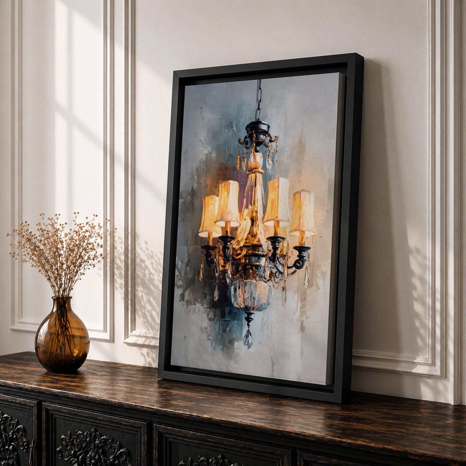 Chandelier Wall Art Modern Lighting Framed Canvas Warm Light Elegant Neutral Statement Wall Decor