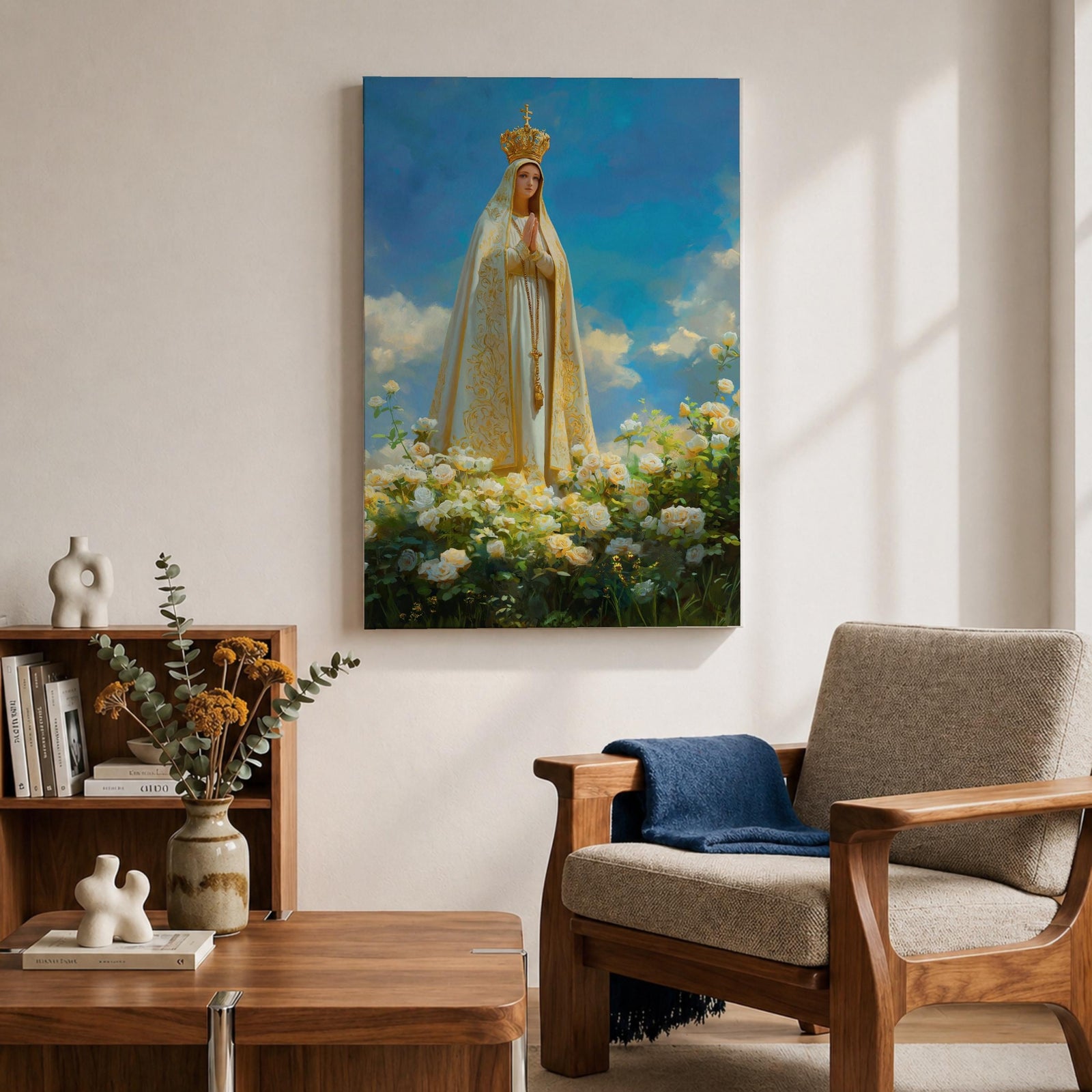 Our Lady of Fatima Wall Art Floral Altar Framed Canvas Madonna Catholic Christian Decor
