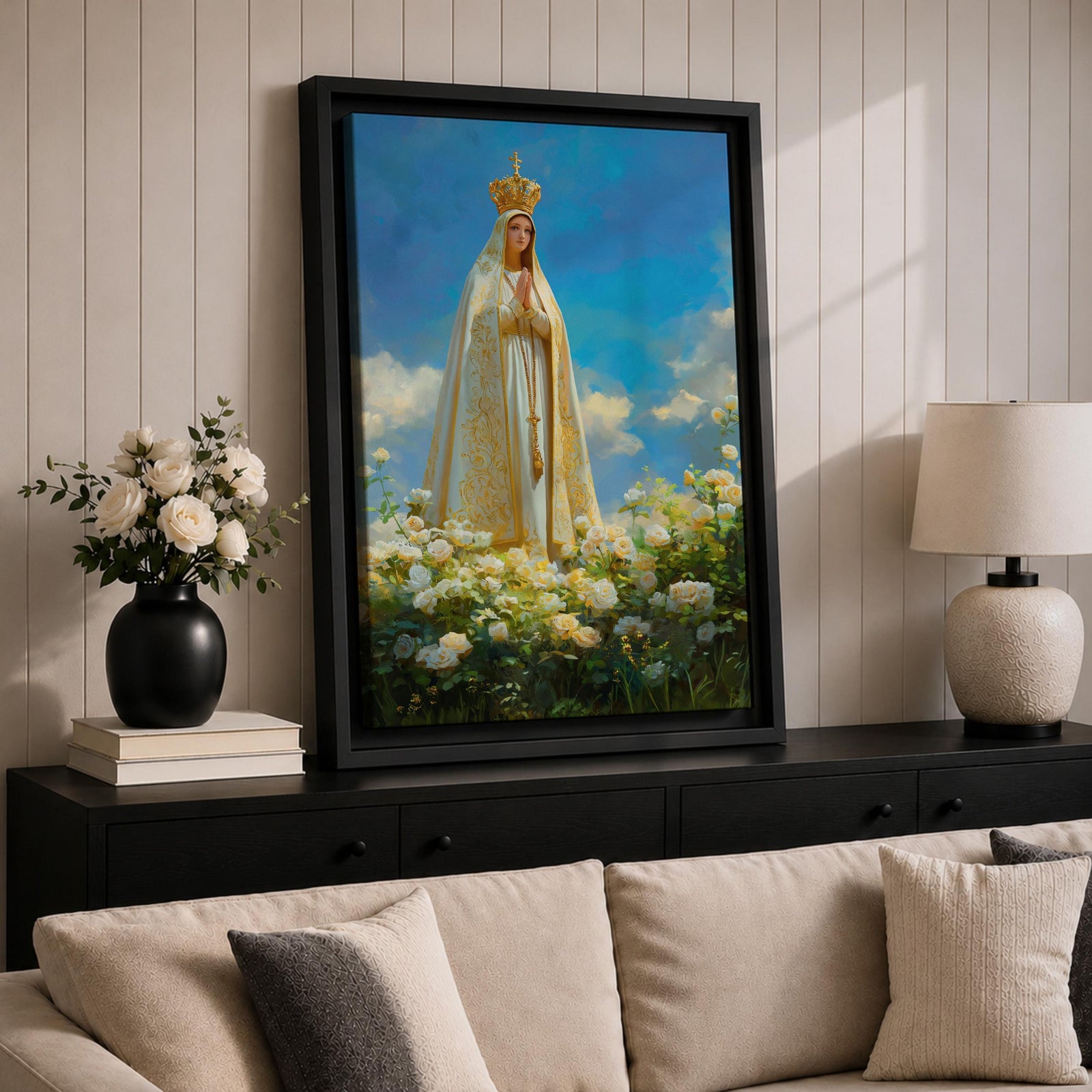 Our Lady of Fatima Wall Art Floral Altar Framed Canvas Madonna Catholic Christian Decor