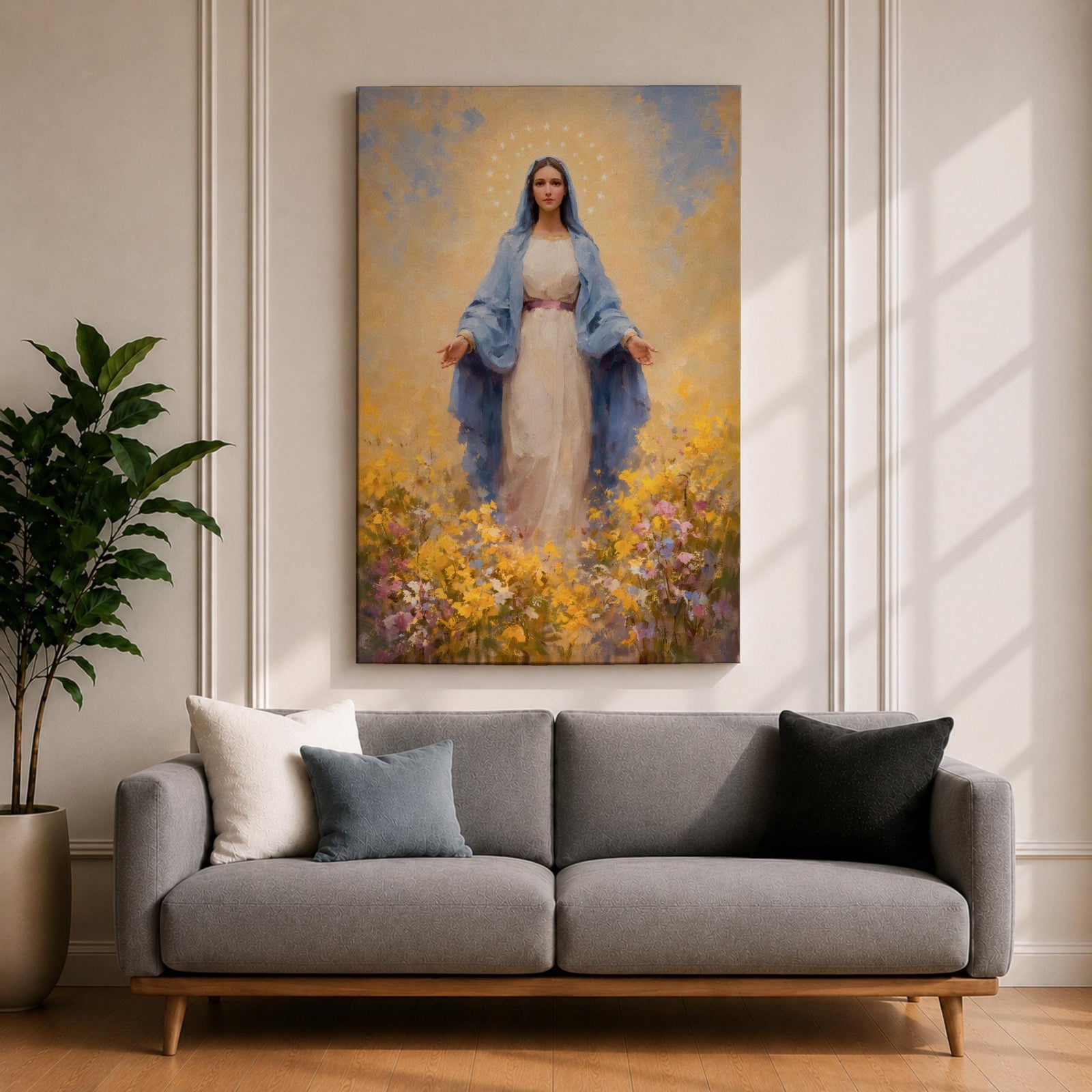Virgin Mary Wall Art Flower Field Framed Canvas Madonna Catholic Christian Wall Decor