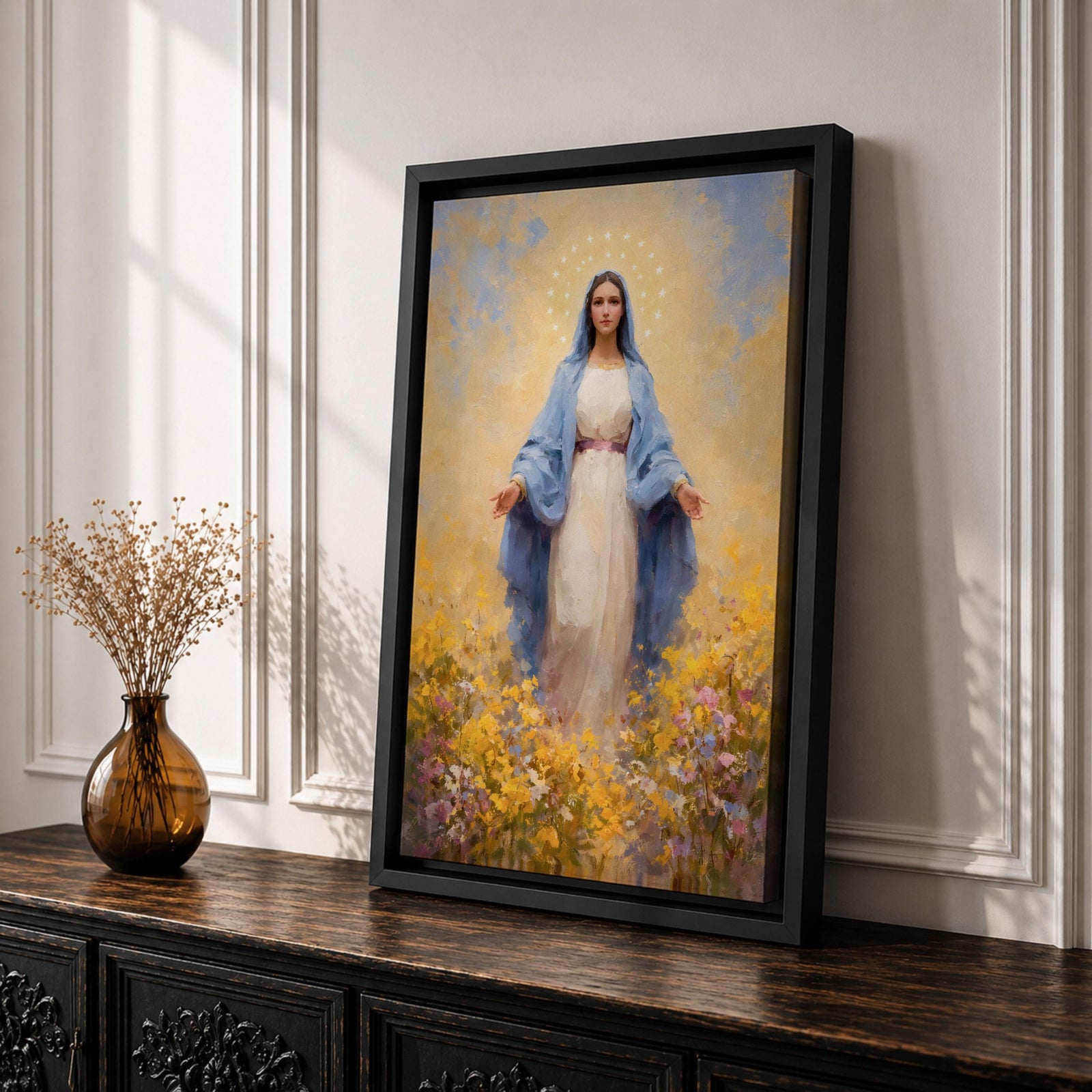 Virgin Mary Wall Art Flower Field Framed Canvas Madonna Catholic Christian Wall Decor