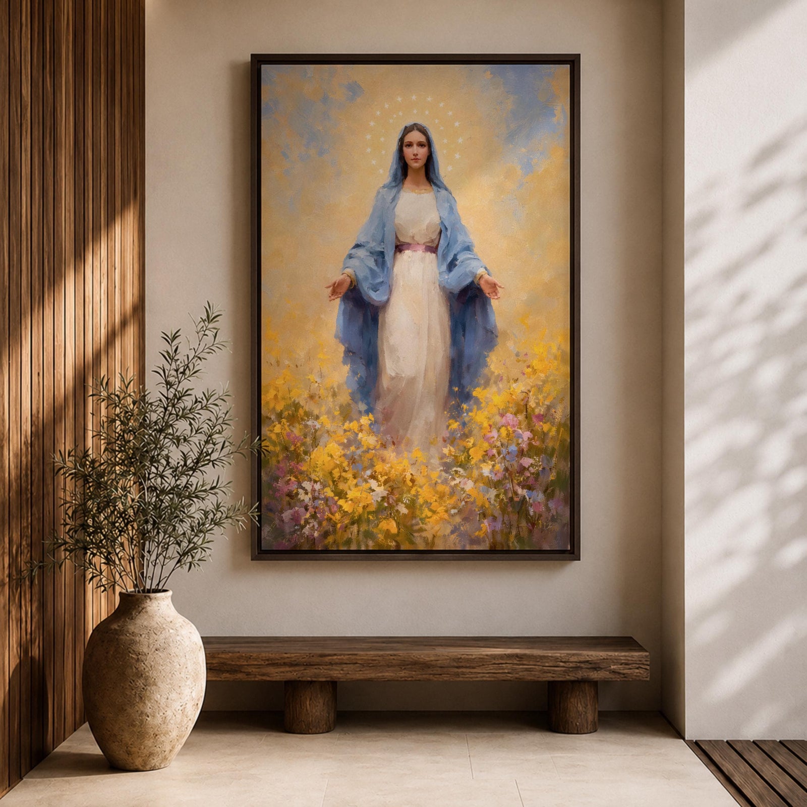 Virgin Mary Wall Art Flower Field Framed Canvas Madonna Catholic Christian Wall Decor