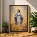 Virgin Mary Wall Art Flower Field Framed Canvas Madonna Catholic Christian Wall Decor